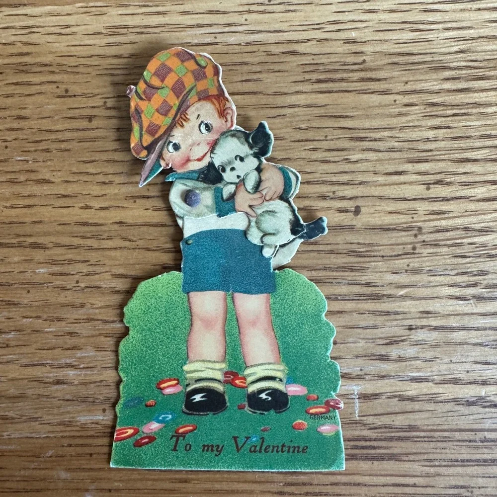 Vintage Valentine Card Boy‎ Holding Puppy Germany Lithograph Retro Collectible
